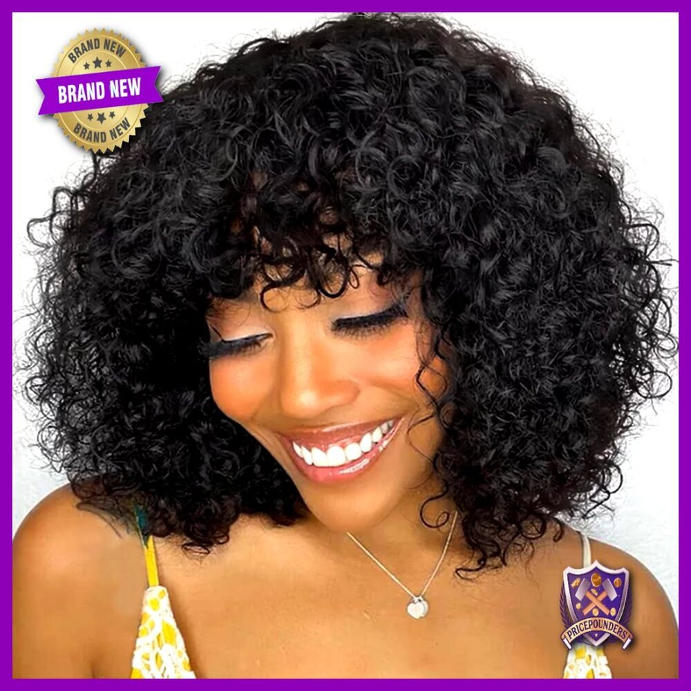 Short Curly Wig with Bangs Glueless Brazilian Human Hair Wear and Go